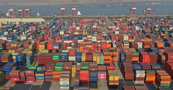 This aerial photo shows containers at the Longtan Port, Nanjing, eastern China, Jan. 14, 2026. (AFP Photo)