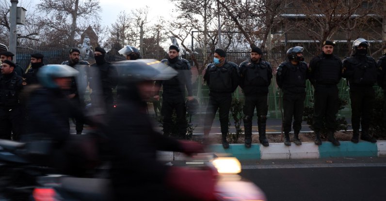 Iranian riot police stand guard as pro-government students protest in front of the British Embassy in Tehran, Iran, Jan. 14, 2026. (EPA Photo)