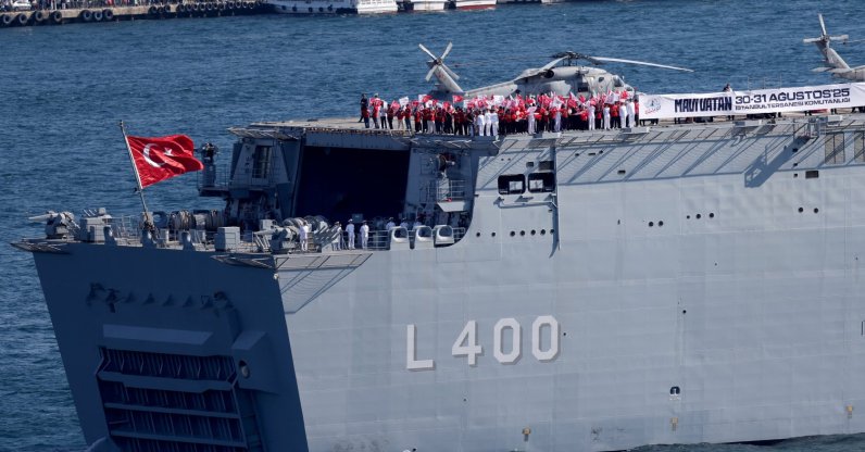 The TCG Anadolu, Türkiye's first amphibious assault ship, sails during a parade, Istanbul, Türkiye, Aug. 24, 2025. (Reuters Photo)