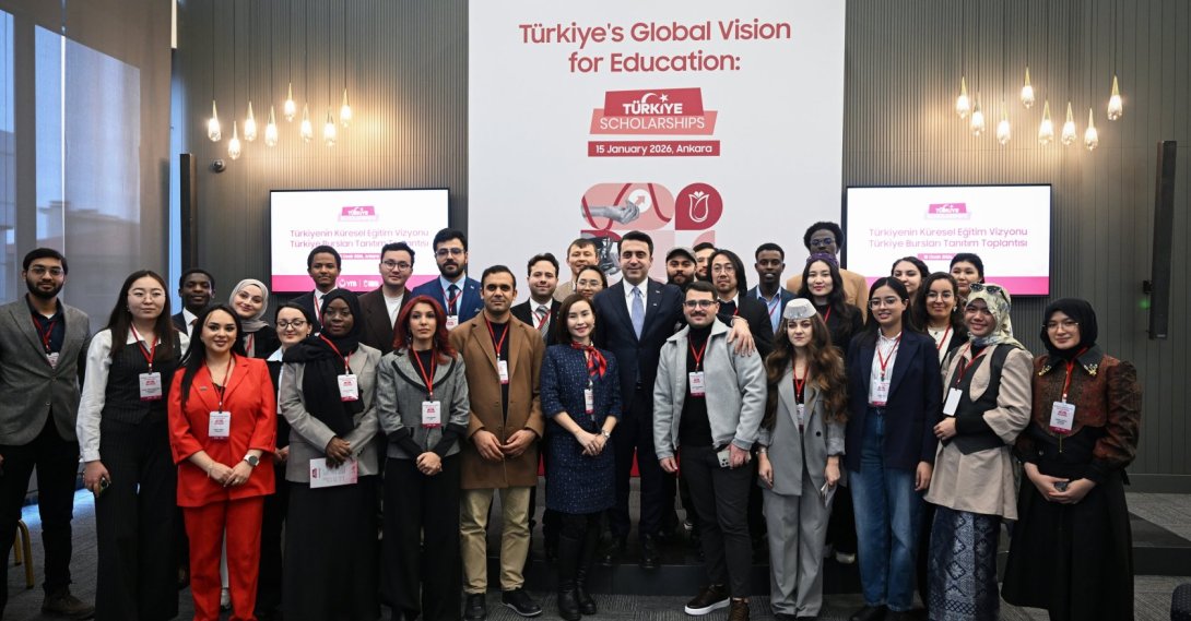 Students pose for a group photo with YTB President Abdulhadi Turus during the official launch event of the 2026 Türkiye Scholarships program, Ankara, Türkiye, Jan. 15, 2025. (AA Photo) 