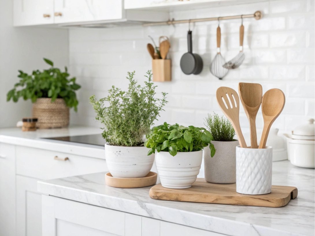 Potted herbs and wooden utensils sit on a white marble countertop in a bright, inviting kitchen. (Shutterstock Photo)