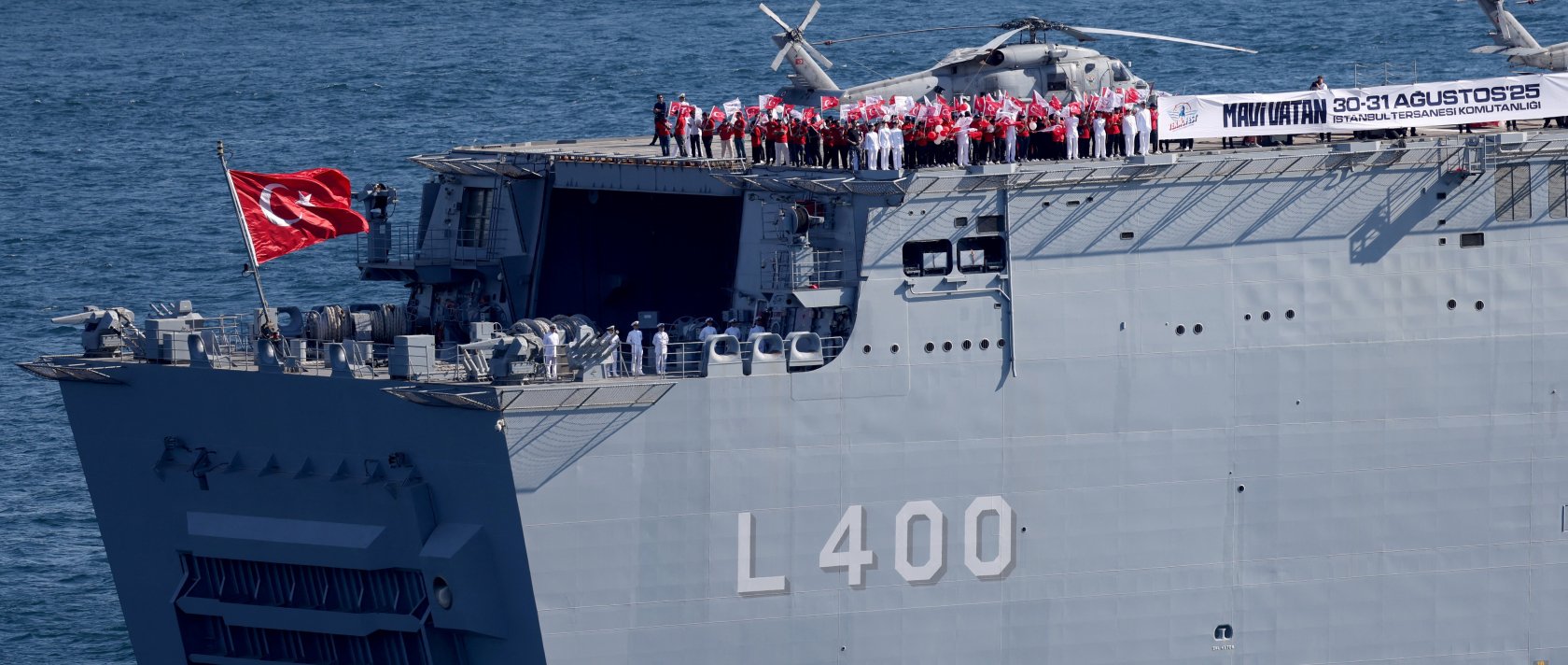 The TCG Anadolu, Türkiye's first amphibious assault ship, sails during a parade, Istanbul, Türkiye, Aug. 24, 2025. (Reuters Photo)