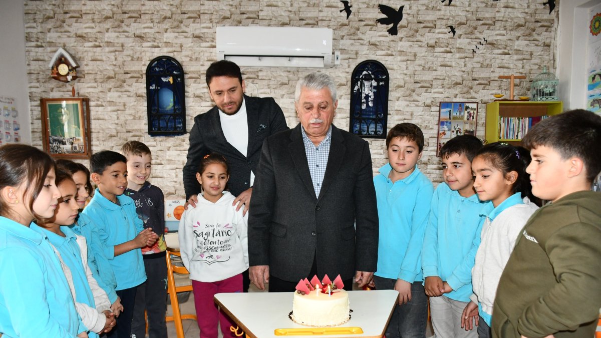 Students surprise 68-year-old village mukhtar Yusuf Ekinci with his first-ever birthday celebration, Batman, Türkiye, Jan. 16, 2025. (AA Photo)