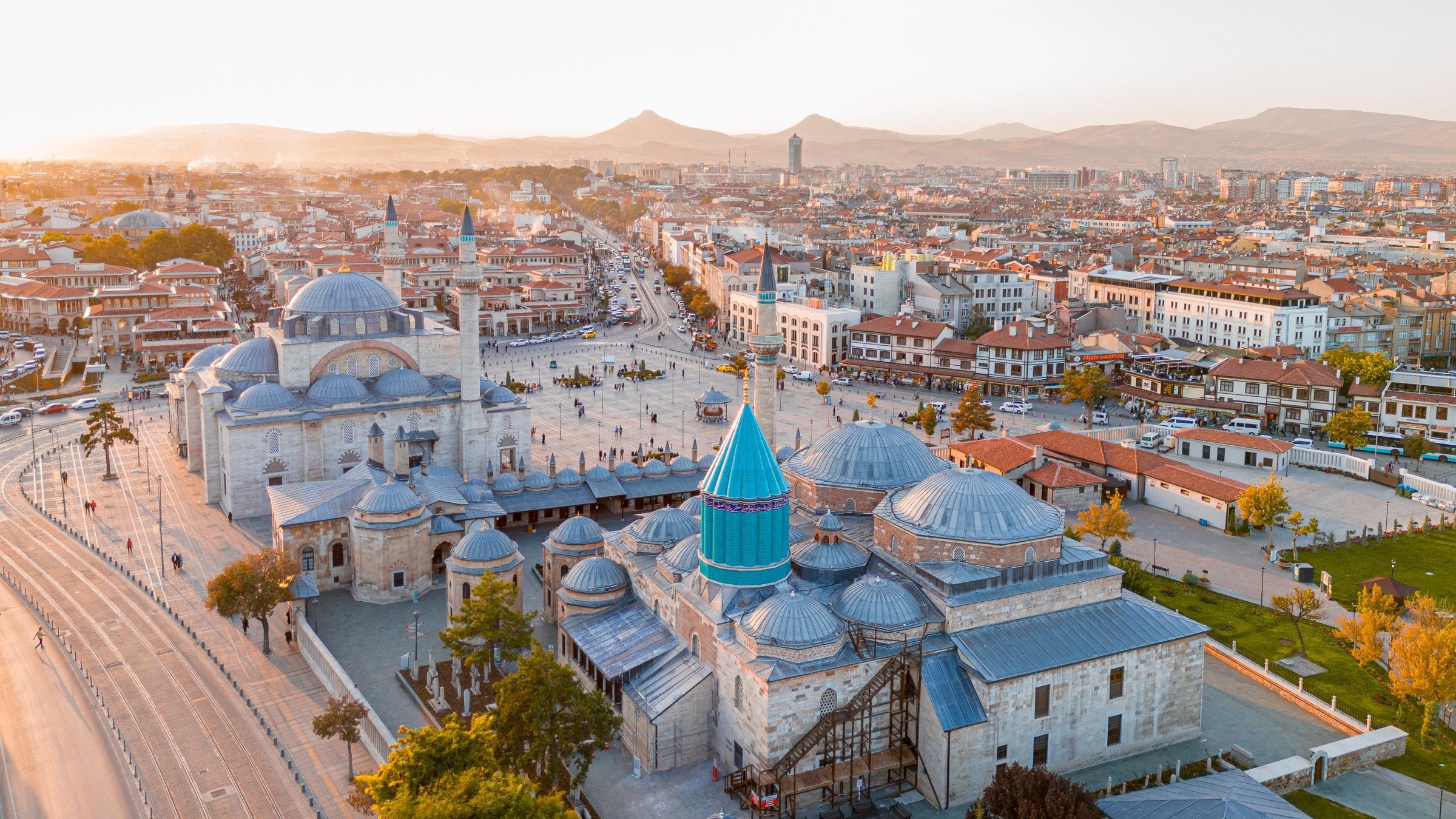 An aerial view shows the Mevlana Mosque and its surrounding complex, Konya, Türkiye, Dec. 13, 2023. (AA Photo)