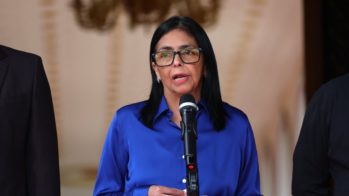 Venezuela's interim president Delcy Rodriguez speaks at a news conference at Miraflores Palace in Caracas, Venezuela, Jan. 14, 2026. (EPA Photo)