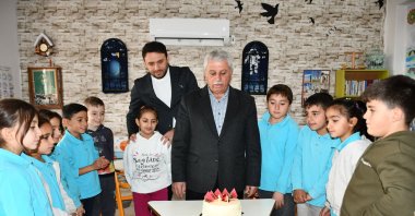 Students surprise 68-year-old village mukhtar Yusuf Ekinci with his first-ever birthday celebration, Batman, Türkiye, Jan. 16, 2025. (AA Photo)