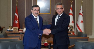 TRNC President Tufan Erhürman (R) meets with Vice President Cevdet Yılmaz at the Presidential Complex in Lefkoşa (Nicosia), TRNC, Jan. 16, 2026. (AA Photo)