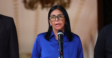 Venezuela's interim president Delcy Rodriguez speaks at a news conference at Miraflores Palace in Caracas, Venezuela, Jan. 14, 2026. (EPA Photo)