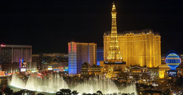 Bellagio Fountains and Paris Las Vegas on the Las Vegas Strip at night in Las Vegas, Nevada, U.S., April 7, 2011. (Shutterstock Photo)
