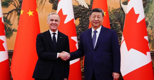 Canada's Prime Minister Mark Carney (L) meets with Chinese President Xi Jinping at the Great Hall of the People, Beijing, China, Jan. 16, 2026. (AP Photo)