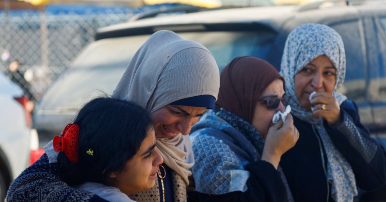 Mourners react as they attend the funeral of Palestinians who, according to medics, were killed in an Israeli strikes on Thursday, at Al-Aqsa Martyrs Hospital, Deir al-Balah, Gaza Strip, Palestine, Jan. 16, 2026. (Reuters Photo)