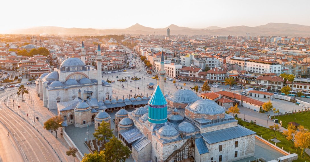 An aerial view shows the Mevlana Mosque and its surrounding complex, Konya, Türkiye, Dec. 13, 2023. (AA Photo)