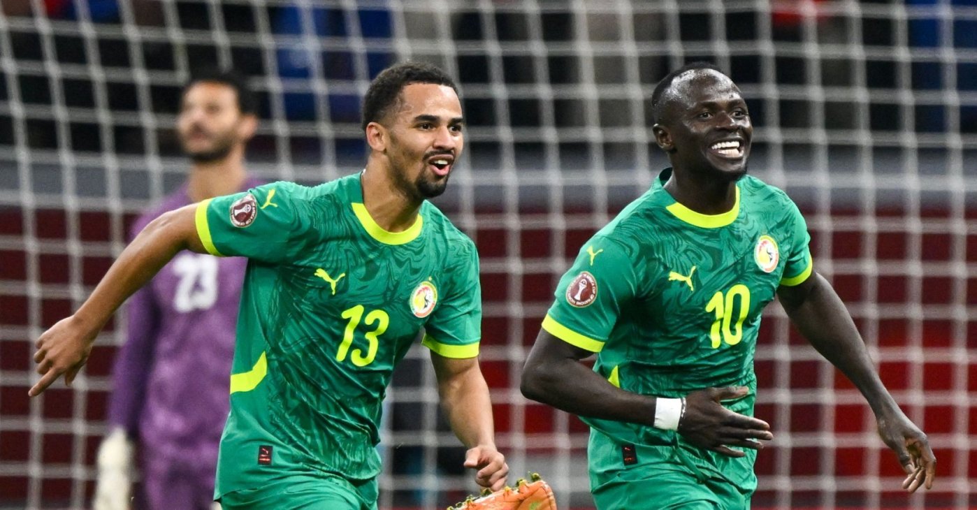 Senegal's Sadio Mane celebrates his goal with teammate Iliman Ndiaye during the Africa Cup of Nations (AFCON) semifinal match against Egypt at the Grand stadium, Tangiers, Morocco, Jan. 14, 2026. (AFP Photo)