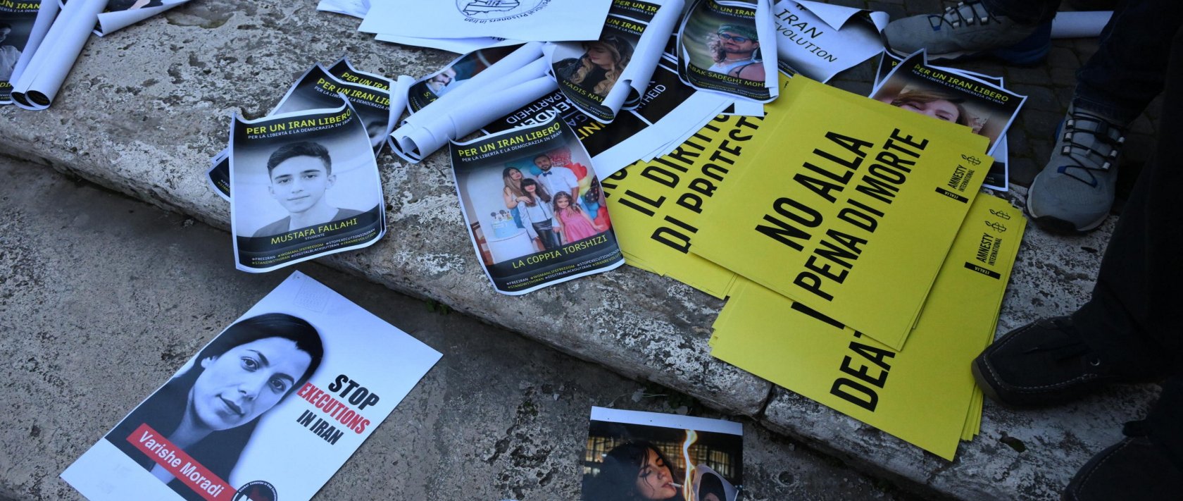 Posters are seen during a demonstration in solidarity with anti-government mass protests in Iran, at the Campidoglio square in Rome, Italy, Jan. 16, 2026. (EPA Photo)