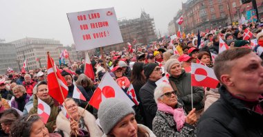 Protesters wave Greenlandic flags as they take part in a rally under the slogans 'hands off Greenland' and 'Greenland for Greenlanders', in front of City Hall in Copenhagen, Denmark, Jan. 17, 2026. (AFP Photo)