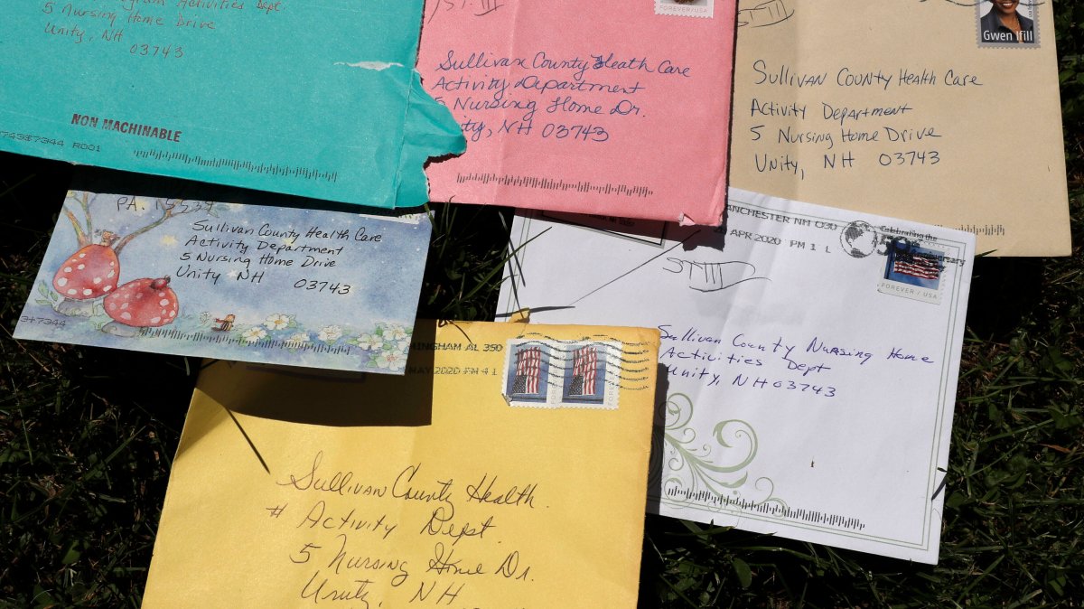 Pen pal letters are displayed outside the Sullivan County Health Care nursing home in Unity, N.H., U.S., June 8, 2020. (AP Photo)
