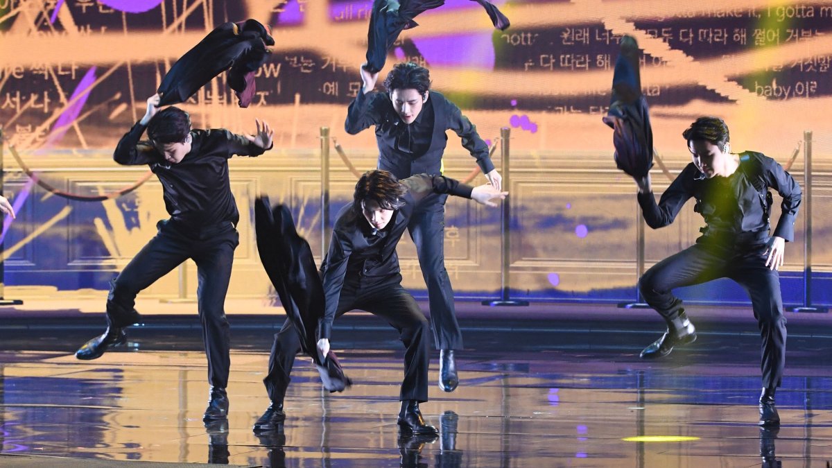 South Korean boy band BTS performs onstage during the 64th Annual Grammy Awards at the MGM Grand Garden Arena in Las Vegas, U.S., April 3, 2022. (AFP Photo)