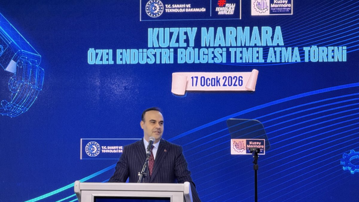 Industry and Technology Minister Mehmet Fatih Kacır speaks at "Northern Marmara Special Industrial Zone Collective Groundbreaking Ceremony," Istanbul, Türkiye, Jan. 17, 2026. (IHA Photo)