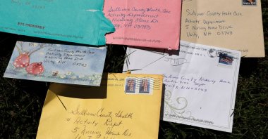 Pen pal letters are displayed outside the Sullivan County Health Care nursing home in Unity, N.H., U.S., June 8, 2020. (AP Photo)