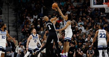 Joan Beringer of the Minnesota Timberwolves blocks shot of Victor Wembanyama of the San Antonio Spurs in the first half at Frost Bank Center, San Antonio, Texas, U.S., Jan. 17, 2026. (AFP Photo)