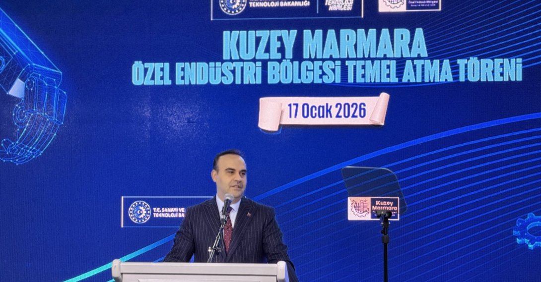 Industry and Technology Minister Mehmet Fatih Kacır speaks at "Northern Marmara Special Industrial Zone Collective Groundbreaking Ceremony," Istanbul, Türkiye, Jan. 17, 2026. (IHA Photo)