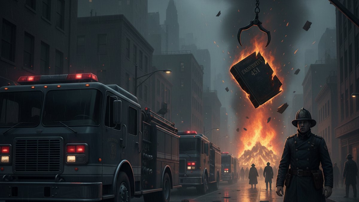 A dark, gray city street at night, fire trucks parked, flames glowing in the distance from a book burning. (Shutterstock Photo)
