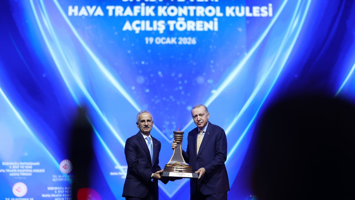 President Recep Tayyip Erdoğan and Transport and Infrastructure Minister Abdulkadir Uraloğlu attend the opening ceremony of Esenboğa Airport's third runway and new air traffic control tower, Ankara, Türkiye, Jan. 19, 2026. (AA Photo)