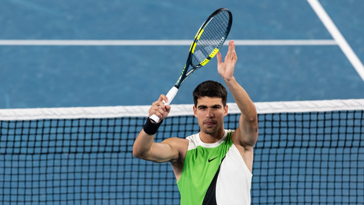 Spain's Carlos Alcaraz celebrates his victory over Adam Walton of Australia in the first round of the men’s singles at the Australian Open at Rod Laver Arena in Melbourne Park, Melbourne, Australia, Jan. 18, 2026. (Reuters Photo) 
