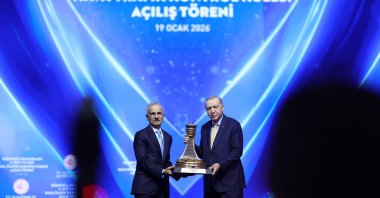 President Recep Tayyip Erdoğan and Transport and Infrastructure Minister Abdulkadir Uraloğlu attend the opening ceremony of Esenboğa Airport's third runway and new air traffic control tower, Ankara, Türkiye, Jan. 19, 2026. (AA Photo)