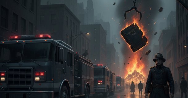 A dark, gray city street at night, fire trucks parked, flames glowing in the distance from a book burning. (Shutterstock Photo)