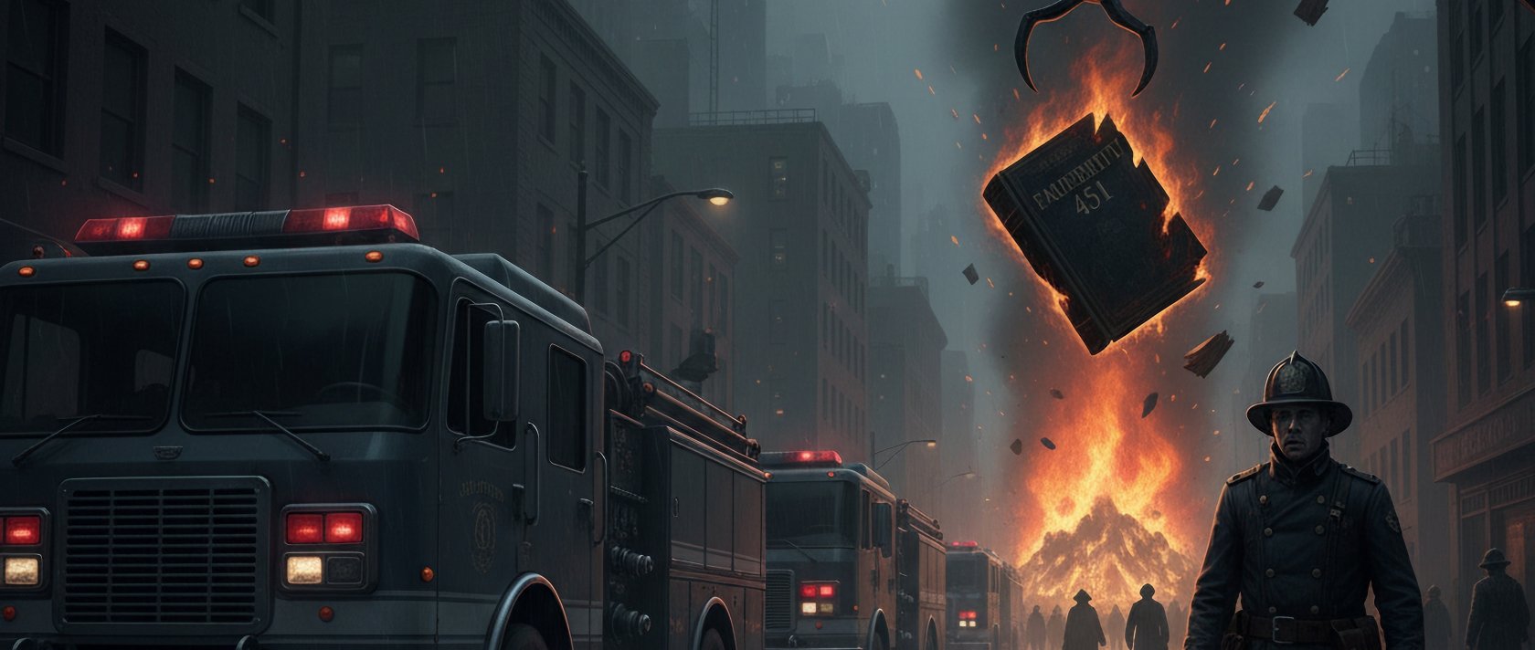 A dark, gray city street at night, fire trucks parked, flames glowing in the distance from a book burning. (Shutterstock Photo)