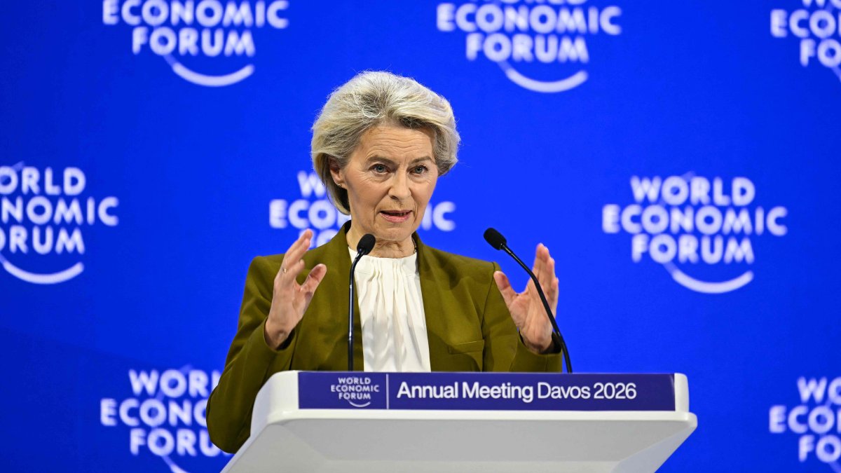 European Commission President Ursula von der Leyen delivers a speech during the World Economic Forum (WEF) annual meeting in Davos, Switzerland, Jan. 20, 2026. (AFP Photo)
