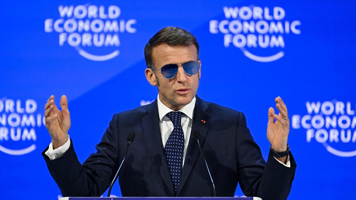 France's President Emmanuel Macron gestures as he delivers a speech during the World Economic Forum (WEF) annual meeting in Davos, Jan. 20, 2026. (AFP Photo)