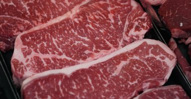 New York strip steaks are on display at a Sam's Club, Bentonville, Ark., U.S., Sept. 24, 2025. (AP Photo)