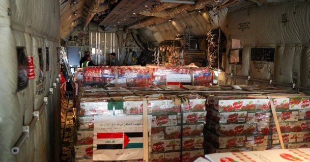 Pallets of humanitarian aid are stacked inside an Iraqi military transport aircraft at a base, before its scheduled departure to Gaza, in Baghdad, Iraq, Jan. 12, 2026. (Reuters Photo)