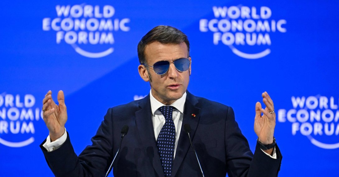 France's President Emmanuel Macron gestures as he delivers a speech during the World Economic Forum (WEF) annual meeting in Davos, Jan. 20, 2026. (AFP Photo)
