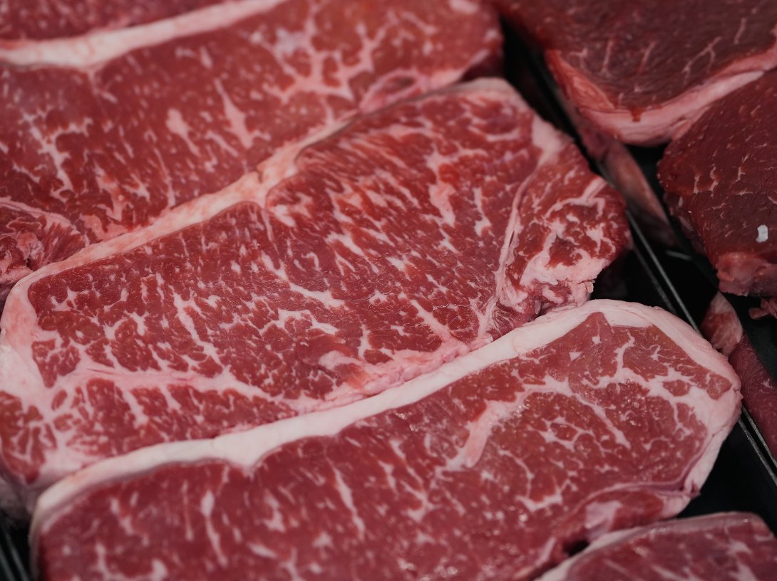 New York strip steaks are on display at a Sam's Club, Bentonville, Ark., U.S., Sept. 24, 2025. (AP Photo)