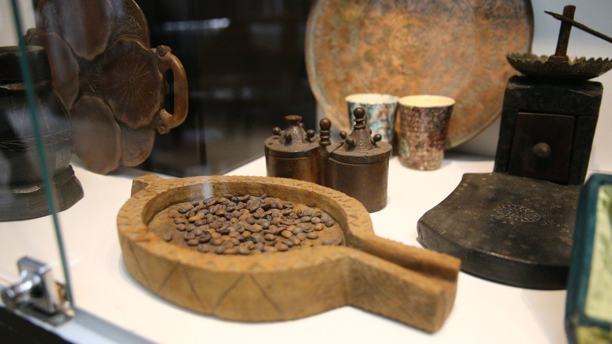 Coffee-making tools and coffee beans on display at the Coffee House Museum, Adana, southern Türkiye, Jan. 7, 2026. (AA Photo)