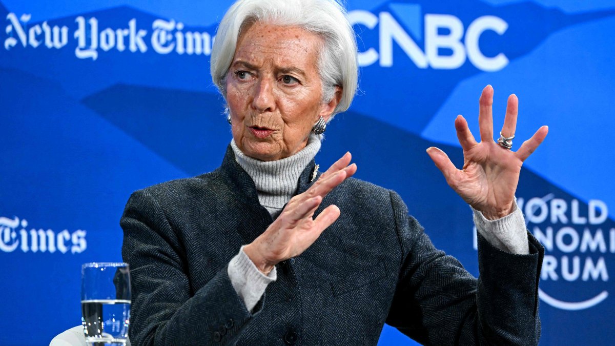 European Central Bank (ECB) President Christine Lagarde gestures as she speaks during the World Economic Forum (WEF) annual meeting in Davos, Switzerland, Jan. 21, 2026. (AFP Photo)