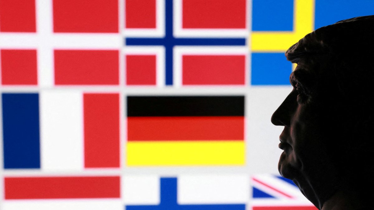 A 3D-printed miniature model of U.S. President Donald Trump and flags of eight European countries potentially facing U.S. tariffs after Trump said he may put a tariff on countries that do not support his plan for the United States to control Greenland, in this illustration taken Jan. 17, 2026. (Reuters Photo)