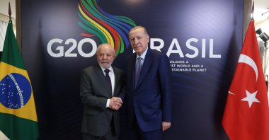 President Recep Tayyip Erdoğan and Brazil's President Lula da Silva shake hands as they meet on the sidelines of the G20 meeting in Rio de Janeiro, Nov. 18, 2024. (Turkish Presidency on X, File Photo)