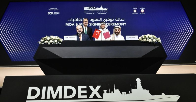 Özgür Güleryüz (L), general manager of STM, and Mohammed bin Bader Al Sadah, CEO of Barzan Holdings, sign a memorandum of understanding at the Doha International Maritime Defence Exhibition and Conference (DIMDEX 2026), Doha, Qatar, Jan. 20, 2026. (AA Photo)