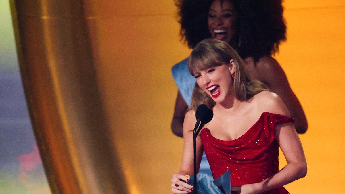 Taylor Swift reacts on stage during the 67th Annual Grammy Awards in Los Angeles, California, U.S., Feb. 2, 2025. (Reuters Photo)