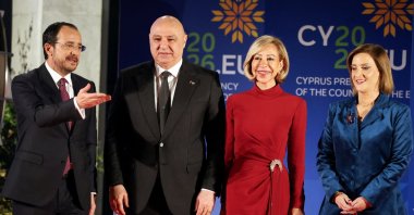 Greek Cypriot leader Nikos Christodoulides and his wife, Philippa Karsera, welcome Lebanese President Joseph Aoun and first lady Nehmat Aoun, during the official opening ceremony of the Greek Cypriot administration taking over the EU presidency, Island of Cyprus, Jan. 7, 2026. (Reuters Photo)