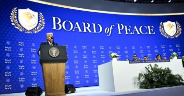 US President Donald Trump speaks at the "Board of Peace" meeting during the World Economic Forum (WEF) annual meeting in Davos, Switzerland, Jan. 22, 2026. (AFP Photo)