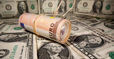 Rolled euro banknotes are placed on U.S. dollar banknotes in this illustration taken on May 26, 2020. (Reuters Photo)