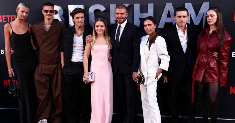 Former England footballer David Beckham (5th L) and his wife Victoria Beckham (3rd R) pose on the red carpet with their children and partners, (from L) Mia Regan, Romeo Beckham, Cruz Beckham, Harper Beckham, Brooklyn Beckham and Nicola Peltz Beckham upon arrival to attend the premiere of "Beckham," London, U.K., Oct. 3, 2023. (AFP Photo)