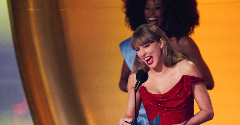 Taylor Swift reacts on stage during the 67th Annual Grammy Awards in Los Angeles, California, U.S., Feb. 2, 2025. (Reuters Photo)
