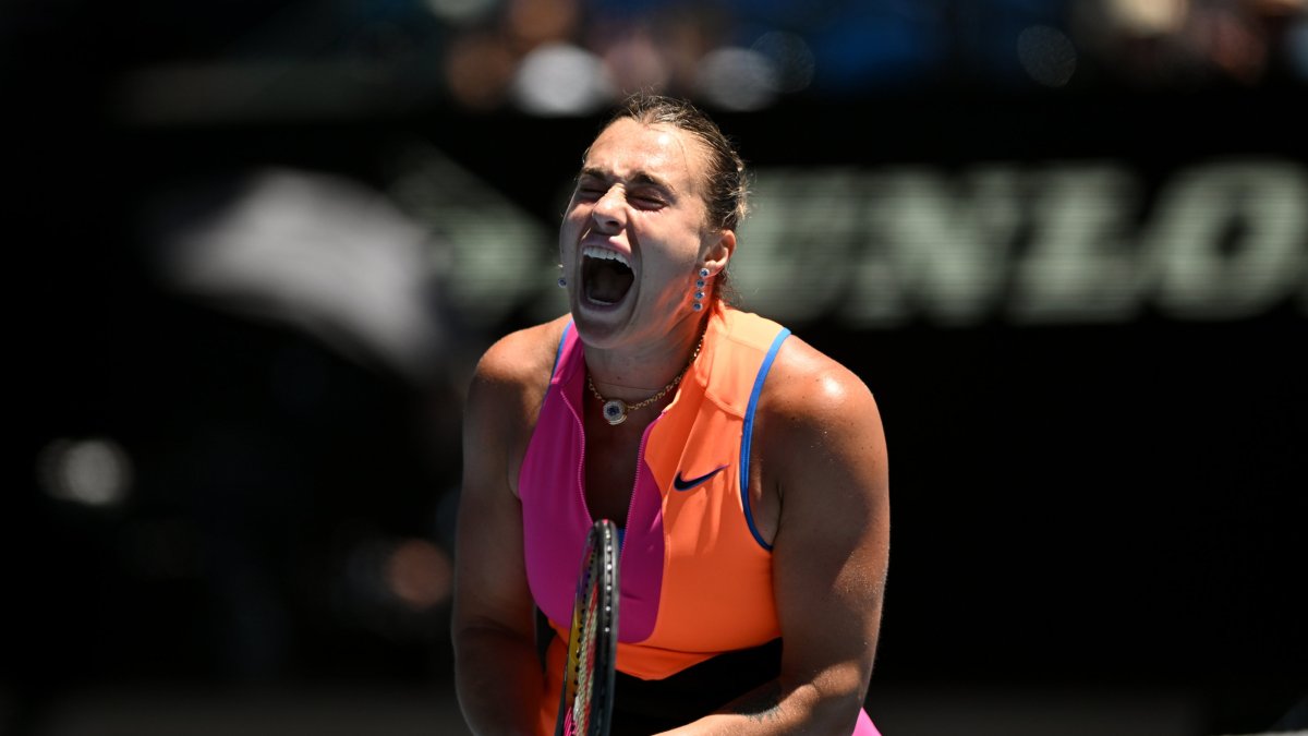 Belarus' Aryna Sabalenka celebrates a match point during the women's third round match against Austria's Anastasia Potapova on day 6 of the 2026 Australian Open tennis tournament at Melbourne Park, Melbourne, Australia, Jan. 23, 2026. (EPA Photo)