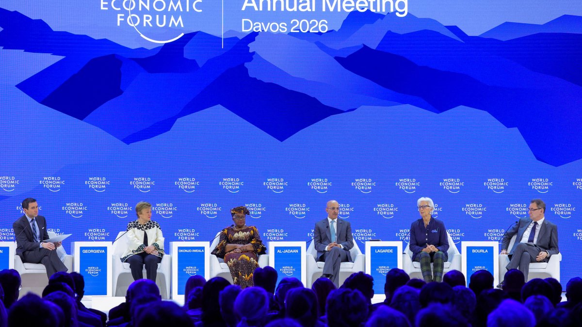 From left, moderator Andrew R. Sorkin, International Monetary Fund (IMF) Managing Director Kristalina Georgieva, World Trade Organization (WTO) Director‑General Ngozi Okonjo‑Iweala, Saudi Arabia&amp;amp;amp;#039;s Minister of Finance Mohammed al‑Jadaan, European Central Bank President Christine Lagarde and Chairman and CEO of Pfizer Albert Bourla attend the 56th annual World Economic Forum (WEF) meeting, Davos, Switzerland, Jan. 23, 2026. (Reuters Photo)